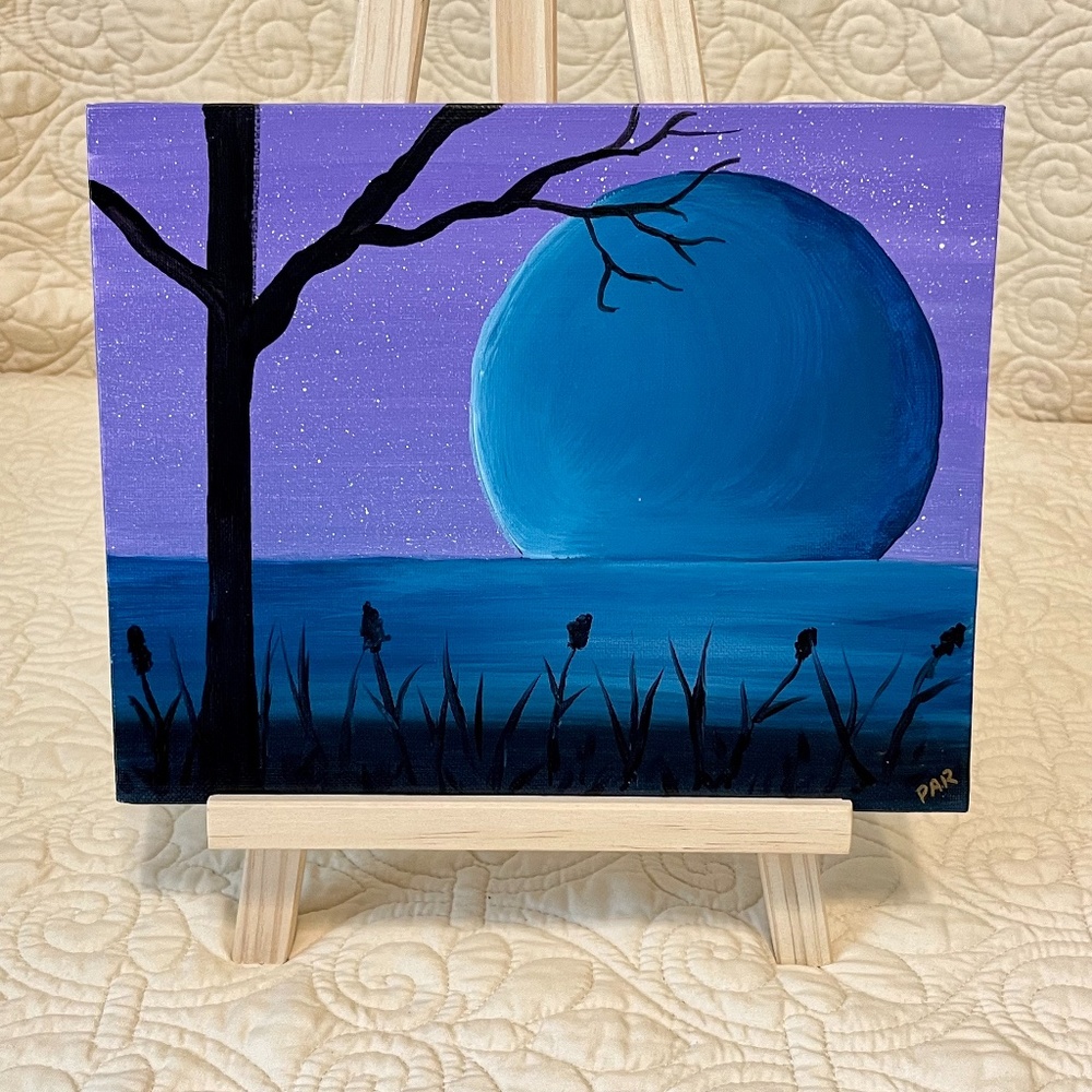 "Blue Moon on a Starry Night" 8x10, Acrylic Painting